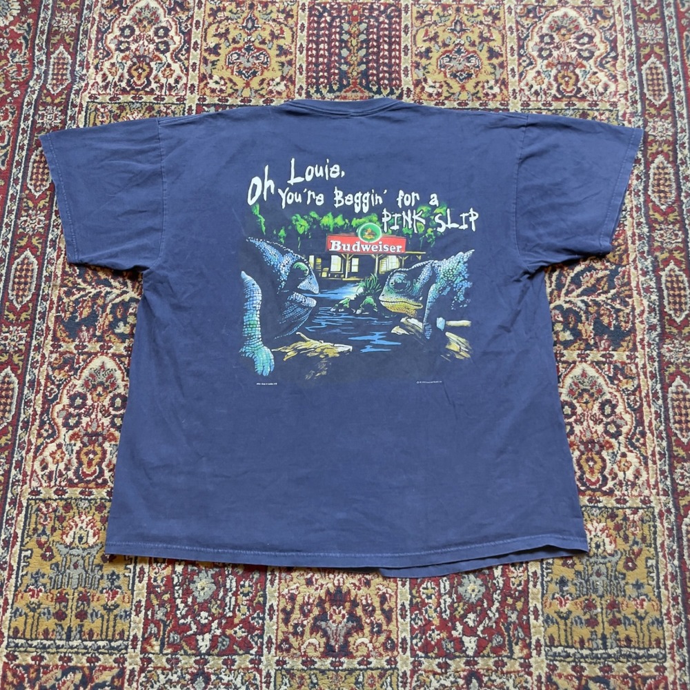 VTG 1999 Budweiser Lizards Frank Louie T-Shirt Navy Blue Graphic Swamp USA XXL